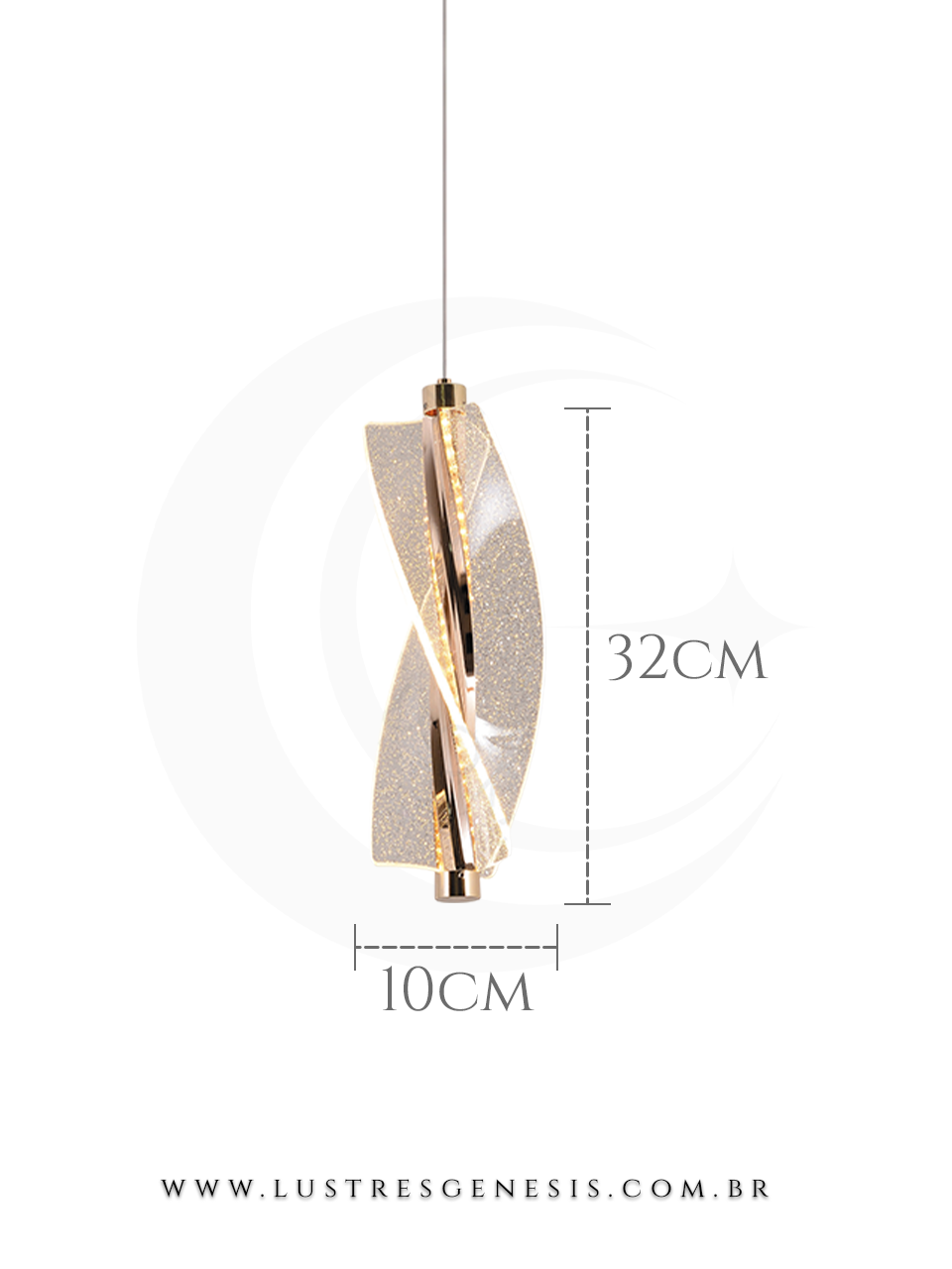 Pendente de teto LED Trinket com glitter, formato moderno, ideal para bancadas, mesas de cabeceira, lavabos e ilhas, nas dimensões 32cm de altura por 10cm de largura.